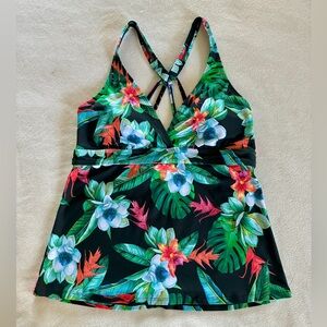 NWT Tropical Tankini Top L UPF 50 Black Floral Resort Cruise Vacation Swimwear